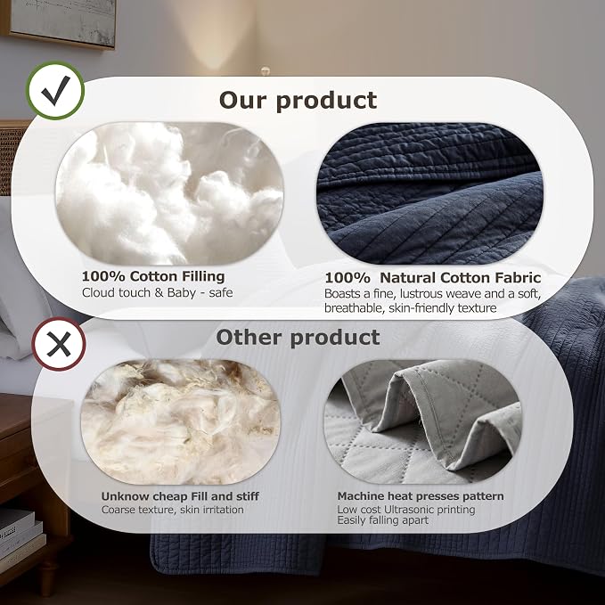 palassio Striped Navy Blue 100% Cotton Quilt Queen Size Bedding Sets, Lightweight Crinkly Channel Pick Stitch Textured Bedspread Soft Shabby Chic Farmhouse Country Coverlet for All Season, 2 Shams