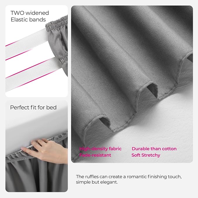 Grey Bed Skirt Queen Size 18 Inch Drop, Elastic Wrap Around Bedskirt | Solid Ruffled, Easy to Use, No Mattress Lifting, Wrinkle & Fade Resistant, with Adhesive Strips, Machine Wash/Dry/Iron