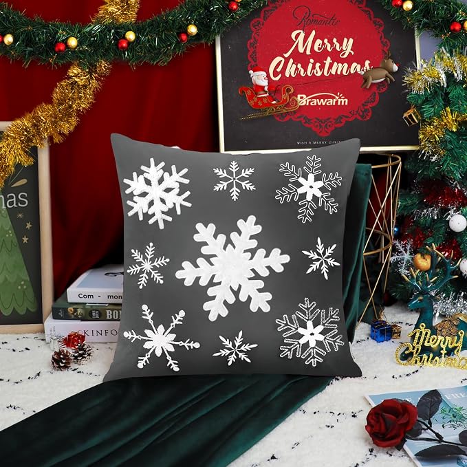 BRAWARM Christmas Pillow Cover 20 X 20 Inches, Gray Snowflake Embroidered Pillow Cover, Soft Velvet Decorative Throw Pillow for Couch Bed Sofa Living Room Home