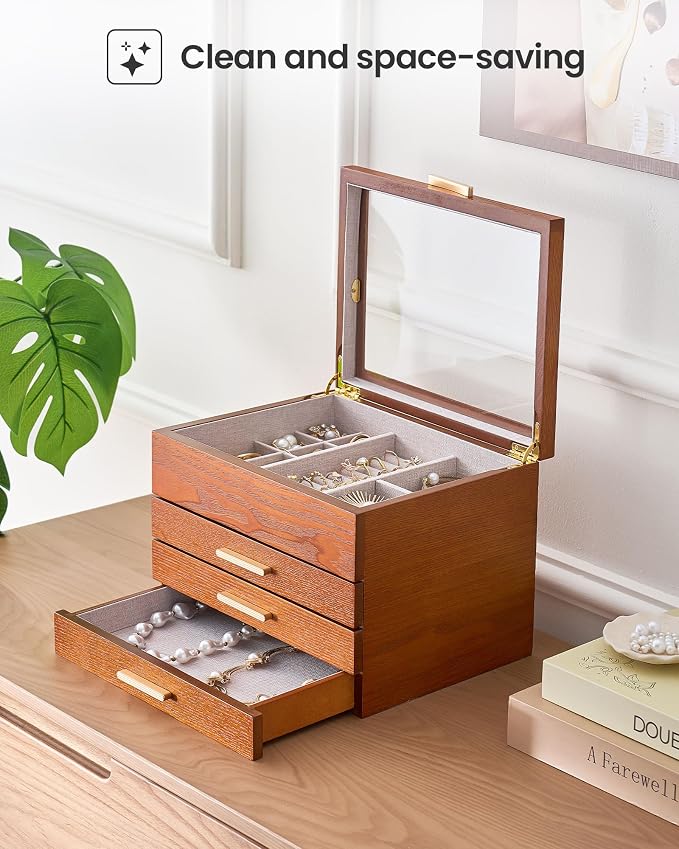 Lolalet Jewelry Box, Clear Window Wood Jewelry Storage for Earrings Bracelets Necklaces Rings, High Capacity Organizer for Women, Valentine's Day Gift -Cherrywood, 4 Layers