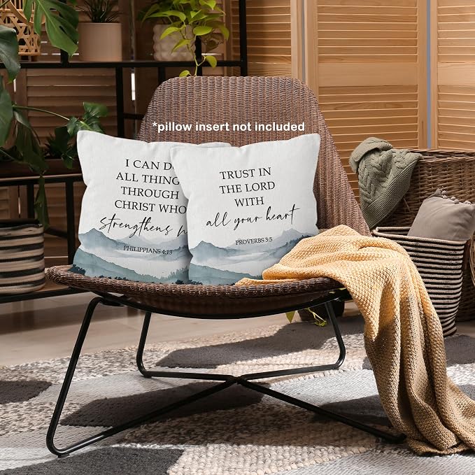 Boho Christian Bible Inspirational Throw Pillow Covers 18x18 Set of 2, Mountain Woodland Decor Pillow Cases Gifts for Bedroom Living Room, Philippians Proverbs Pillowcases for Couch Bed Sofa