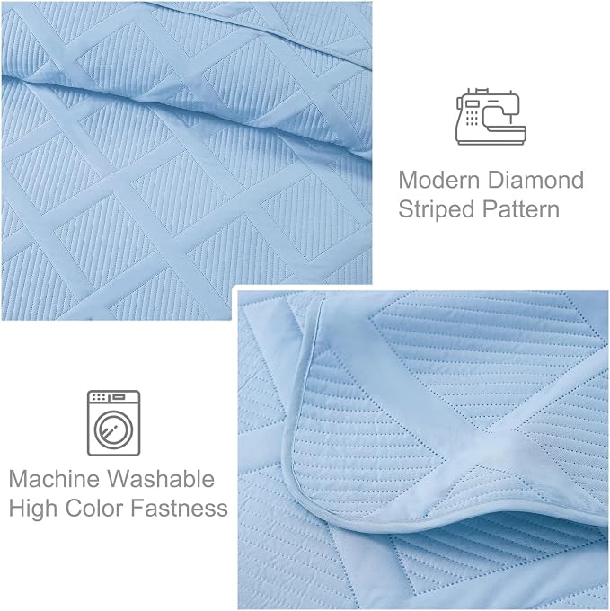 Exclusivo Mezcla Twin Size Quilt Set, Sky Blue | Soft Bedspreads with 1 Pillow Sham, Modern Striped Pattern, Lightweight Bedding Set Coverlets for All Seasons, 68x88 Inch