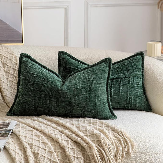 MADIZZ Pack of 2 Chenille Throw Pillow Covers 12x20 Inch Green Soft Neutral Decorative Throw Pillows for Couch Sofa Boho Accent Cushion Covers Modern Farmhouse Home Decor for Bedroom Living Room