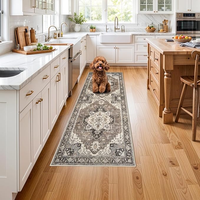 Washable Kitchen Runner Rug 2x6 - Hallway Rugs Low Pile Entryway Carpet Vintage Soft Non-Slip Stain Resistant Indoor Floor Distressed Mat Home Decor for Bedside Bathroom Entrance(Beige/Blue/Grey,2x6)