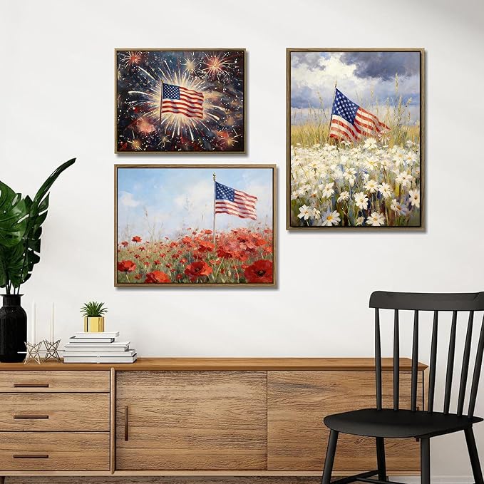 American Flag Framed Canvas Wall Art, 4th of July Patriotic Canvas Prints | USA Flag with Bald Eagle Poster Print, Vintage Independence Day Wall Decor for Bedroom Living Room 16×20in