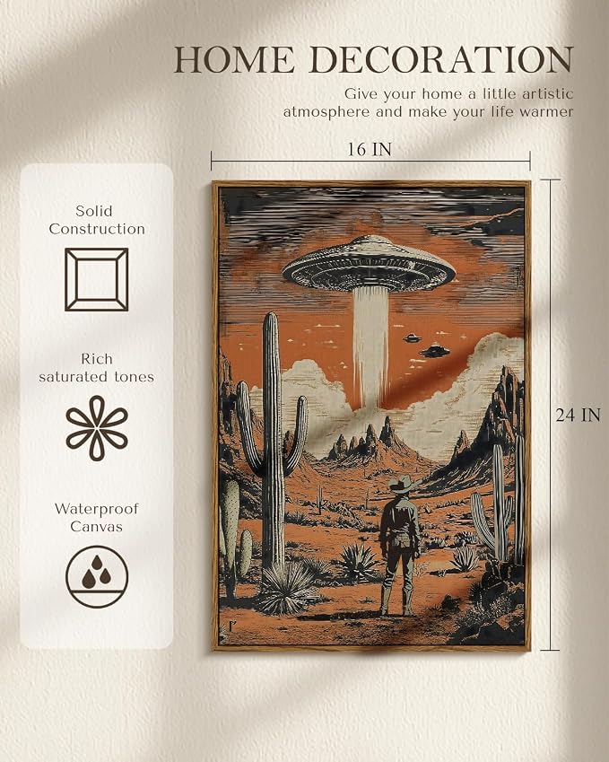 WHASAYART Retro UFO Cowboy Wall Art 12x16 Inch Framed Canvas Print | Vintage Science Fiction Desert Landscape Alien Spaceship Western Scene Cool Artwork, Man Cave Office Game Room Bathroom Decor