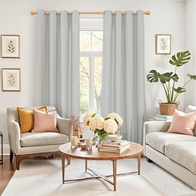 YoungsTex Light Grey Linen Curtains 84 Inches Long for Living Room, Light Filtering Drapes with Grommet Semi Sheer Window Treatments for Dining Bedroom, 2 Panels, 52 X 84 Inch
