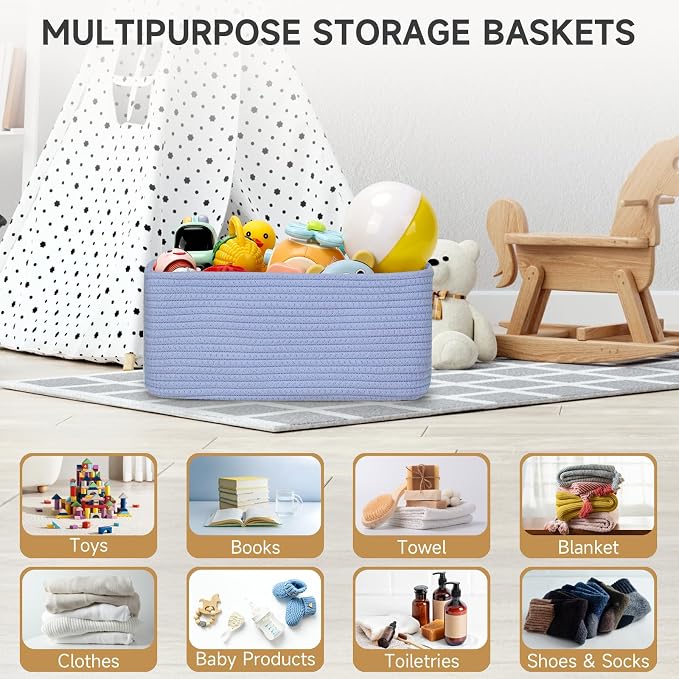 3 Pack Small Storage Baskets for Organizing, 11.8×7.8×5.1", Sky Blue | Woven Baskets for shelves, Cotton Rope Basket for Gifts Empty, Closet Organizer Bins with Handles, Cube Decorative Box