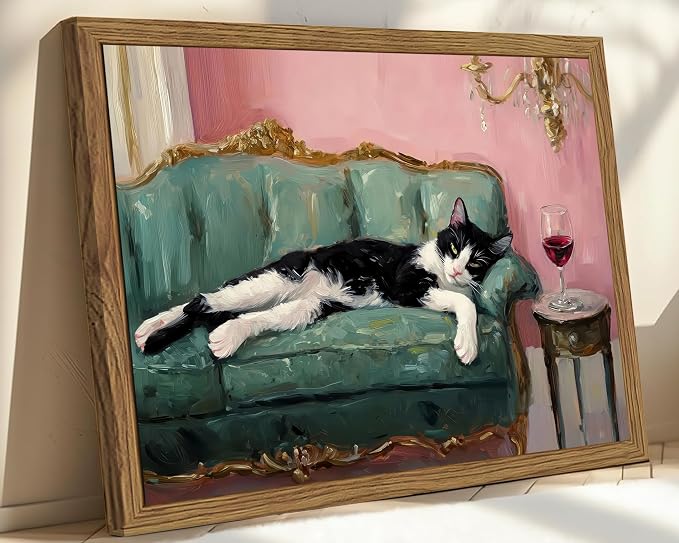 Fun Cat Wall Art Cute Tuxedo Cat With Red Wine Wall Decor Whimsical Animal Cocktail Bar Cart Canvas Poster Quirky Pet Lover Picture Print for Dining Room Living Room Wood Framed 12x16 inch