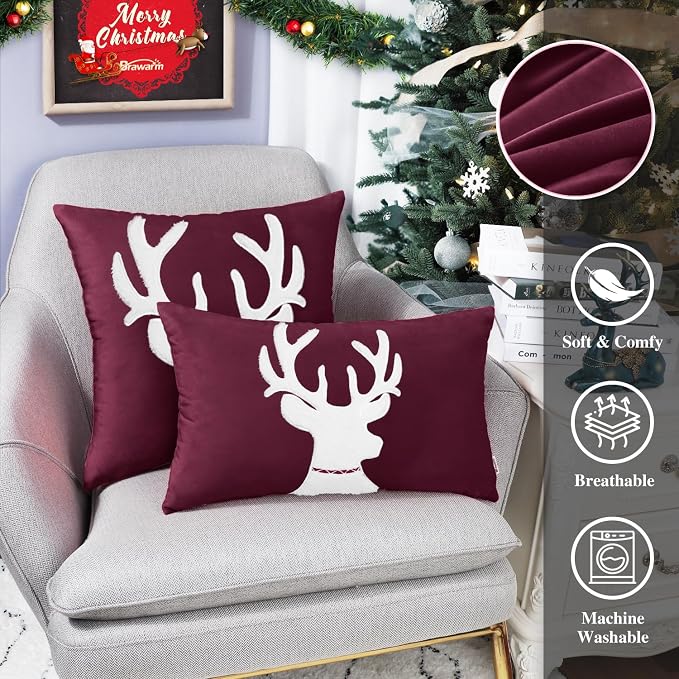 BRAWARM Christmas Pillow Cover 18 X 18 Inches, Burgundy Reindeer Embroidered Pillow Cover, Soft Velvet Decorative Throw Pillow for Couch Bed Sofa Living Room Home