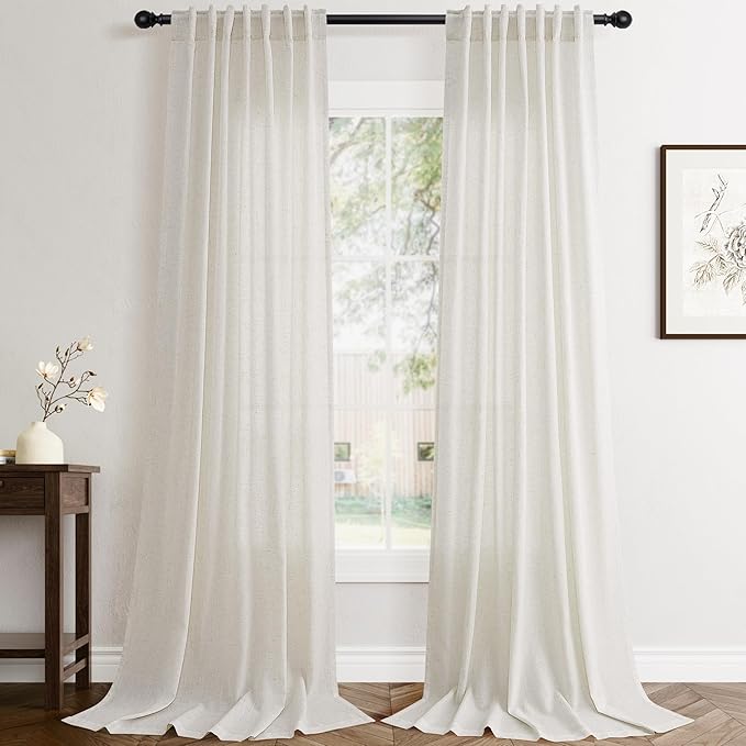 Jowels Natural Linen Curtains 132 Inch Long 2 Panels for Living Room | Ivory Light Filtering Sheer Curtain,Back Tab Pocket Pleated Look,Modern Farmhouse Textured Privacy Drapes for Bedroom Window