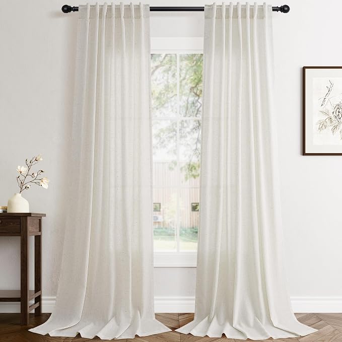 Jowels Natural Linen Curtains 110 Inch Long 2 Panels for Living Room | Ivory Light Filtering Sheer Curtain,Back Tab Pocket Pleated Look,Modern Farmhouse Textured Privacy Drapes for Bedroom Window
