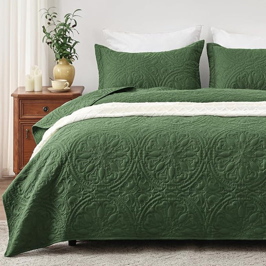EXQ Home Quilt Set Full Queen Size Mandala Olive Green Bedspread | Bedding Set For All Season Use, Soft & Breathable Coverlet,3-Piece Set Includes 2 Shams, Machine Washable