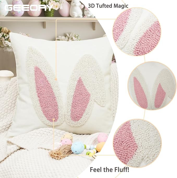 GEEORY Embroidered Easter Bunny Ears Pillow Cover 16x16 Inch, Spring & Easter Decorations Farmhouse Home Decor Throw Pillow Case for Sofa & Bed GX015-1-16