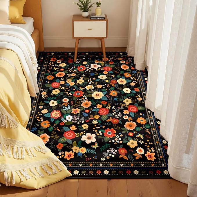 Washable Floral Area Rug for Living Room 3x5 Black | Non-Slip，Vacuum-Friendly, Low Pile, Flower Carpet for Bedroom Kitchen Entryway Dining Room Office Nursery