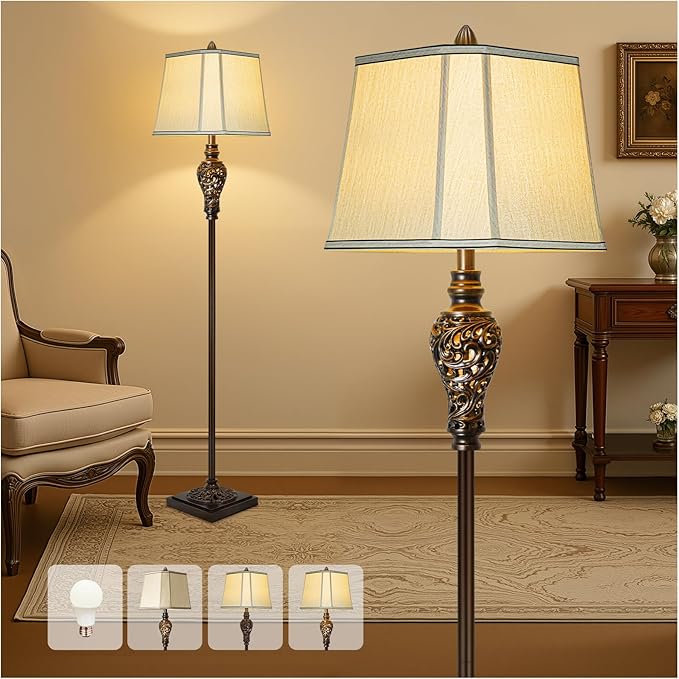 Vintage Floor Lamp with Night Light for Bedroom, Dark Brown Finish
