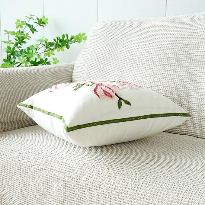 vctops Farmhouse Magnolia Flower Cotton Tufted Throw Pillow Cover Spring Floral Embroidery Pillowcase Soft Square Cushion Case for Sofa Couch Bed Chair (Pink E,18"x18")