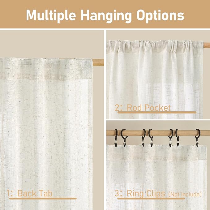 120 inch Semi Sheer Linen Curtains for Living Room, 52 x 120 Inch | Cream Curtains, Light Filtering Drapes, Country Rustic Neutral Drapes for Bedroom, Farmhouse, Rod Pocket Back Tab, 2 Panels