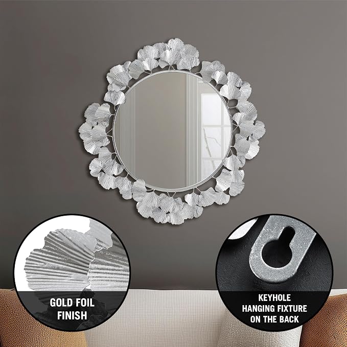 Martha Stewart Wall Décor Large Gingko Leaf Round Wall Mirror for Living Room, Iron Metal Plate Frame Antique Finish, Ready to Hang Bedroom Decoration, Eden, 30.5", Silver
