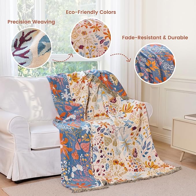 MSGKV Boho Throw Blanket 50"x60" 100% Cotton Floral Blanket Couch Decor | Muslin Blanket, Floral Pattern, Chair Throw, Summer Breathable, Lightweight, Farmhouse Decor, Home Decor, Machine Washable