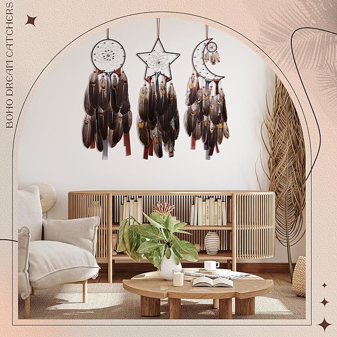 Jetec 3 Pcs Dream Catcher for Girl Star Sun Moon Decor, Brown