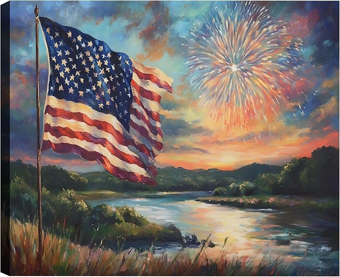 Framed American Flag Sunset Fireworks Wall Art, Patriotic 4th of July Canvas Art Pictures, USA Flag Wall Decor for Living Room Man Cave Bar, Ready to Hang Made in USA