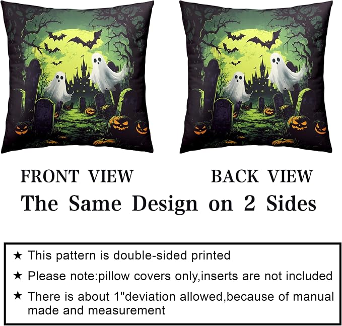 2 Pack Halloween Pillow Covers 24x24 Graveyard Ghost Throw Pillow Covers Horror Spooky Green Full Moon Night Pillow Case Bat Pumpkin Cushion Case for Holiday Party Decor Couch Sofa