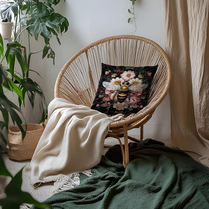 Vintage Moody Floral Honeybee Pillow Covers 18x18, Bee Lover Gifts, Dark Cottagecore Room Decor, Moody Dark Academia Wildflower Botanical Bee Decorative Throw Pillow Covers for Home Room