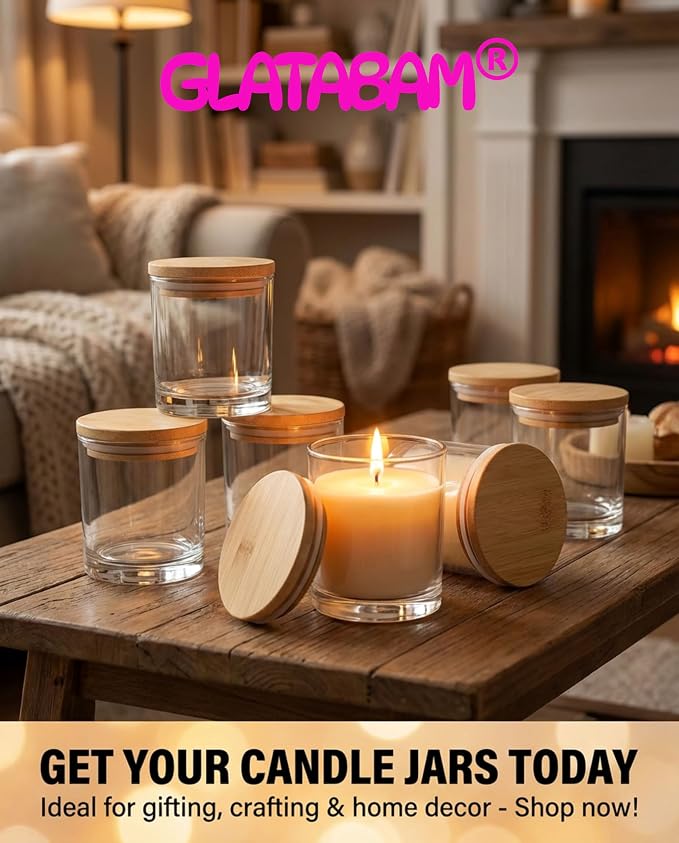 GLATABAM 10 OZ Candle Jars 12 Pack - Bulk Glass Candle Making Jars with Bamboo Lids & Labels, Heat Resistant Empty Reusable Candle Vessel for Containers(Clear)