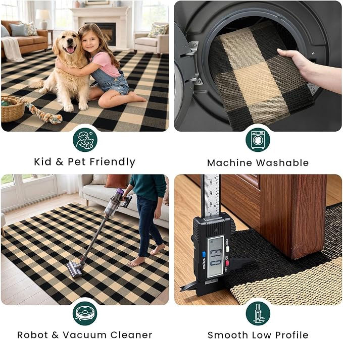 KOZYFLY Buffalo Plaid Area Rugs 2x4.3 Ft Brown and Black Rug Front Door Mat | Washable Front Door Rug, Woven Cotton Indoor Outdoor Rug, Front Porch Kitchen Entryway Patio Farmhouse Checkered Doormat