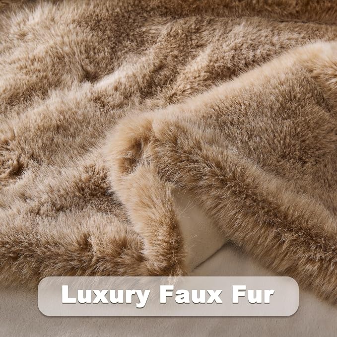 NEWCOSPLAY Faux Fur Thick Throw Blanket for Couch, Brown White, 50"x60" | Luxury Fluffy Thick Warm Blanket for Couch Sofa Bed 1000GSM, Soft Plush Cozy Decorative Throw, Gift for Women Men