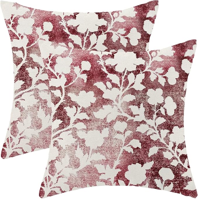 Burgundy Red White Floral Pillow Covers 18x18 Set of 2, Retro Decor Modern Style Abstract Flower Throw Pillows Farmhouse Outdoor Decorative Cushion Case Decorations for Home Couch Sofa Bed