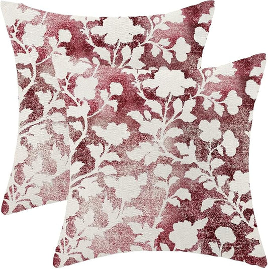 Burgundy Red White Floral Pillow Covers 18x18 Set of 2, Retro Decor Modern Style Abstract Flower Throw Pillows Farmhouse Outdoor Decorative Cushion Case Decorations for Home Couch Sofa Bed