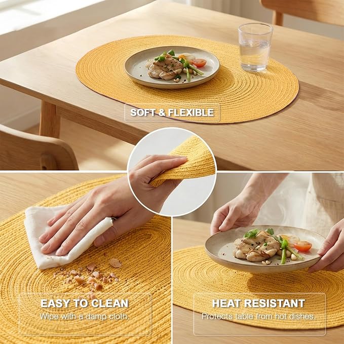 Placemats Set of 4, Woven Oval Braided Dining Table Mats(Mustard Yellow) | 12 x 17.5 Inch Size Fits Plates and Flatware; Hand Washable and Heat Resistant for Kitchen Use, with Farmhouse and Boho Style