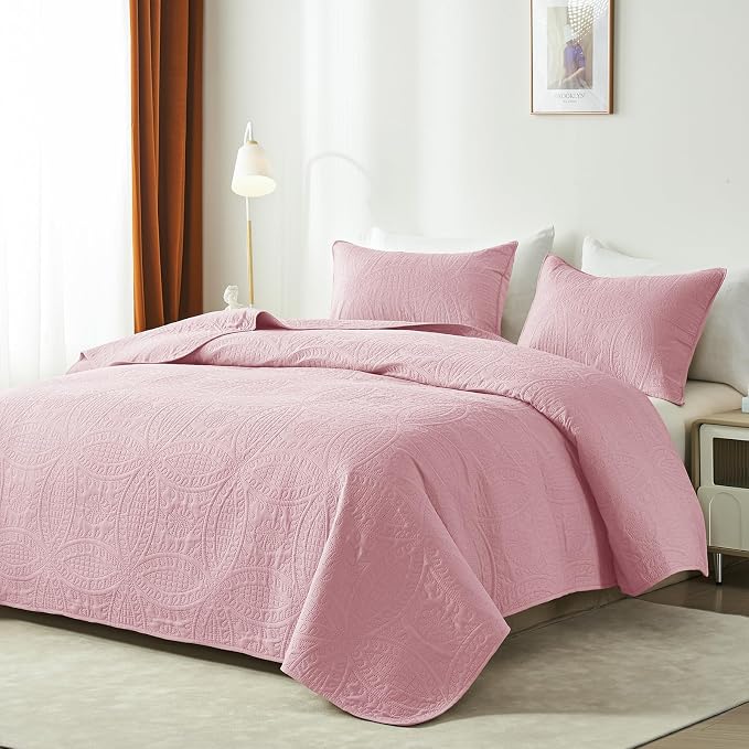akkialla Twin Quilt Set,Pink Lightweight Bedspread with Coin Pattern, Soft Microfiber Coverlet for All Seasons, Elegant Modern Home Style (1 Quilt, 1 Pillow Sham)