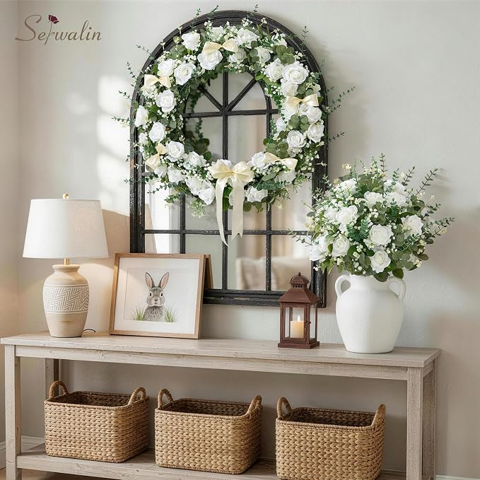 Serwalin 60 Pcs Mixed Eucalyptus Greenery Stems, White Roses, Babys Breath | Greenery for Centerpieces, Faux Eucalyptus Stems for DIY Wedding Bouquets, Floral Arrangement, Vase and Home Decor