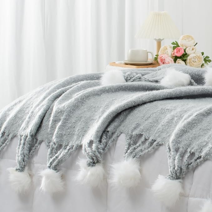 Grey Pom Pom Throw Blanket for Couch, 50"X60" Soft Lightweight Knitted Farmhouse Decorative Blankets for Bed and Sofa