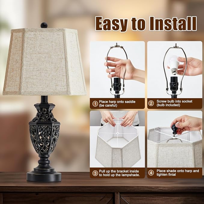 EJIAXIN Lamps for Night Stands Set of 2-23.5" Vintage Bedside Lamp with USB A+C and Nightlight - Black Retro Carved Resin Farmhouse Table Lamp for Bedrooms, End Tables, Living Room, Bulbs Included
