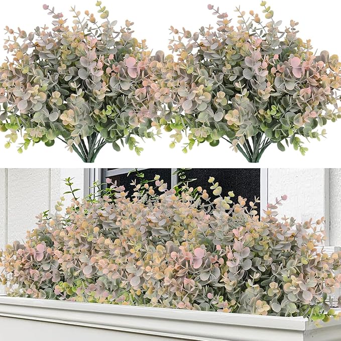 RECUTMS 8Bundles Artificial Eucalyptus Plant Greenery Stems 13In Dusty Pink | Plastic Boxwood Shrub Branch,long-term Reuse,No Maintenance,Weather-proof,Farmhouse Garden Vase Outdoor Planter Wedding Decor