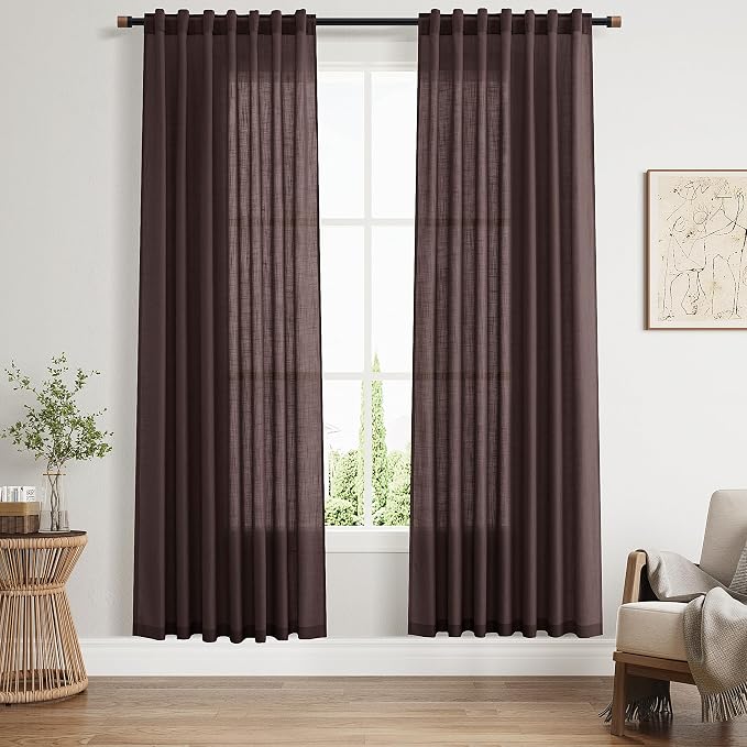 Coffee Brown Curtains 72 inch Length for Living Room/Study Room Back Tab Rod Pocket Linen Semi Sheer Modern Farmhouse Curtain Coastal Decor Cotton Textured Gauze for Dining Room Office 2 Panels
