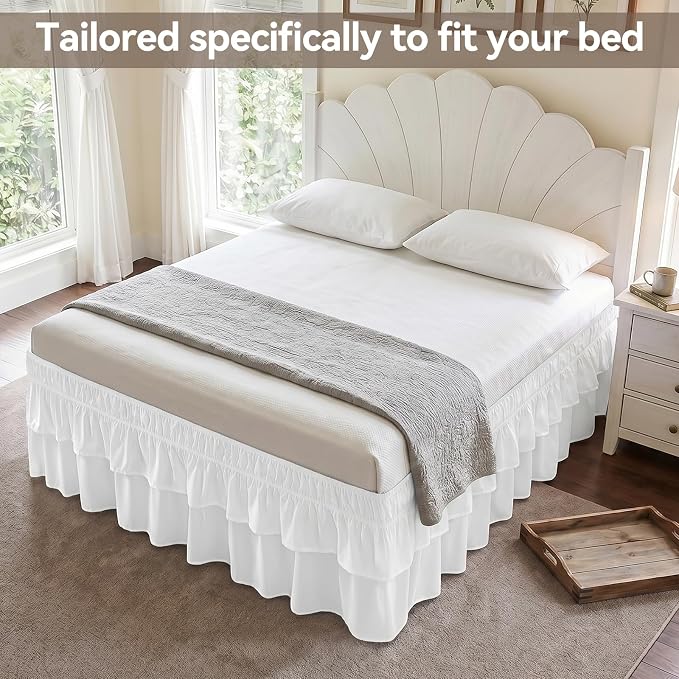 RIMELA Multi Ruffle Bed Skirt, White Queen Size 18 Inch Drop, Elastic Wrap Around Dust Ruffle, Easy Install No Lift Mattress Design, Soft Luxury Fabric Machine Washable Bed Skirting
