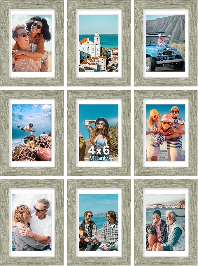 Vittanly 4x6 Picture Frames Set of 9 for Wall Mount or Tabletop, Driftwood | Display Pictures 3.5x5 with Mat or 4x6 without Mat, Small Photo Frames, Engineered Wood with Shatter Resistant Plexiglass