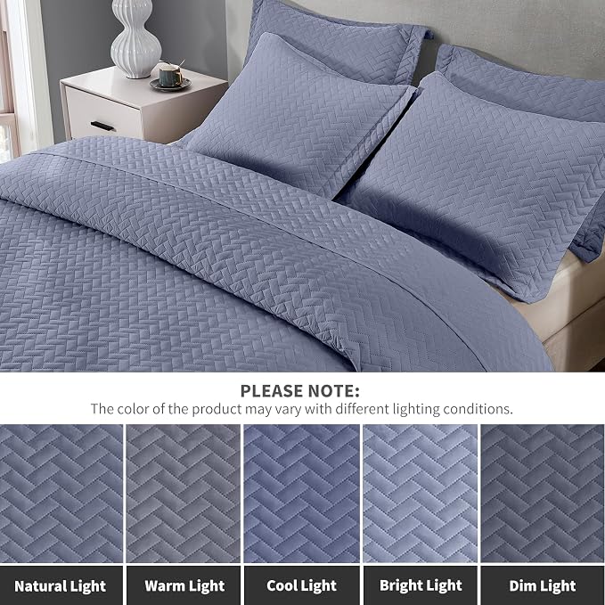 Maple&Stone Mineral Blue Quilt Set King Size, Lightweight Bedspread | Breathable Coverlet with Chevron Pattern, All-Season Dorm Bed Cover Set Bedding Decor 3 Piece