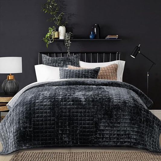 RECYCO Channel Box Stitch Velvet Quilt Set, King Size, Black | Ultra Soft Lightweight Velvet Comforter, Luxury Oversized Bedspread Coverlet, Quilted Bedding Set for All Season with 2 Shams