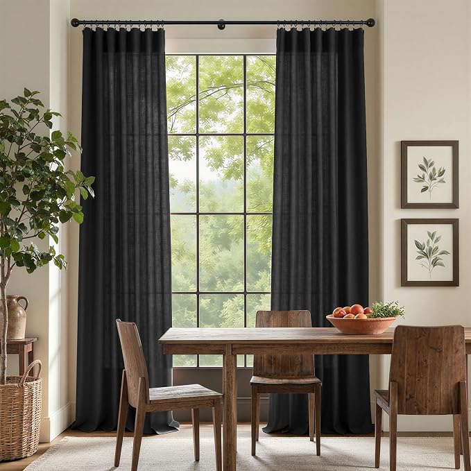 Black Linen Curtains 84 Inch Length for Living Room 2 Panel Back Tab Pocket Muslin Light Filtering Semi Privacy Thick Sheer Floor Length Curtain for Mens Bedroom Man Cave Modern Farmhouse Gothic Decor