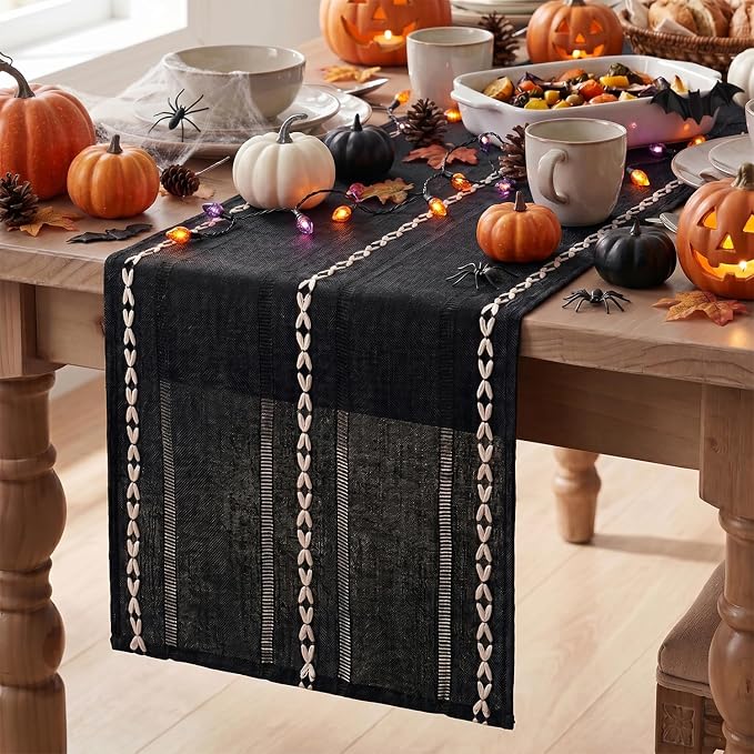Artoid Mode Black Rustic Cotton Linen Table Runner, Seasonal Halloween Embroidered Hollow Kitchen Dining Table Decoration for Home Party Decor 13x72 Inch