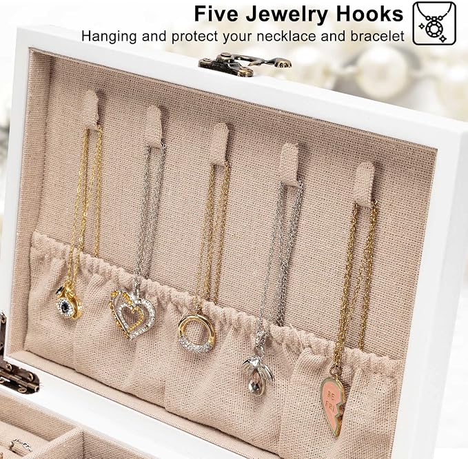 Pinzoveco Jewelry Box for Women, Rustic Wooden Jewelry Organizer Box for Storage Earrings Rings Necklace Bracelet, Farmhouse Style Wood Jewelry Boxes & Organizers (White)