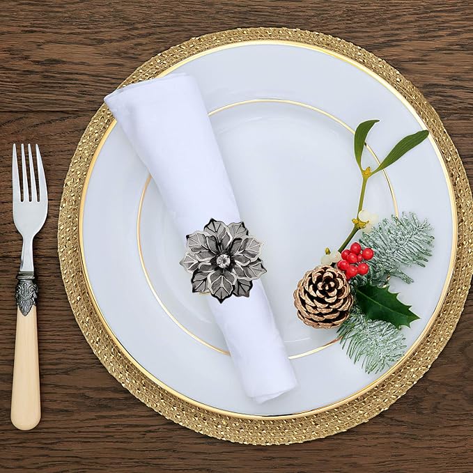 Picowe Set of 12 Alloy Napkin Rings with Hollow Out Flower Napkin Ring Holders for Wedding Party Holiday Banquet Christmas Dinner Delicate Serviette Buckles Decor Favor (Gun Metal)