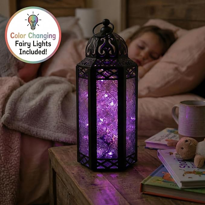 Vela Lanterns Decorative Indoor Fairy Light Color Changing Candle Holder, M | Multicolor Fantasy Lamp, Diwali & Ramadan Decorations, Eid Mubarak, Turkish Moroccan Metal Hanging, Patio, 10.5" Tall
