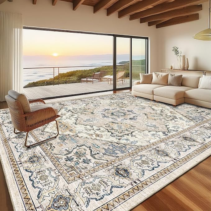 AooHHooA Washable 9x12 Boho Beige Area Rug for Living Room, Soft Stain Resistant Non-Slip 9x12 Boho Vintage Area Rugs, Large Low Pile Lightweight Area Rugs for Living Room Bedroom Dining Room